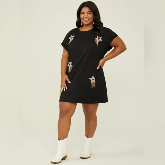 ARULA Dresses New Arula Shining Star Fringe Rhinestone Tshirt
